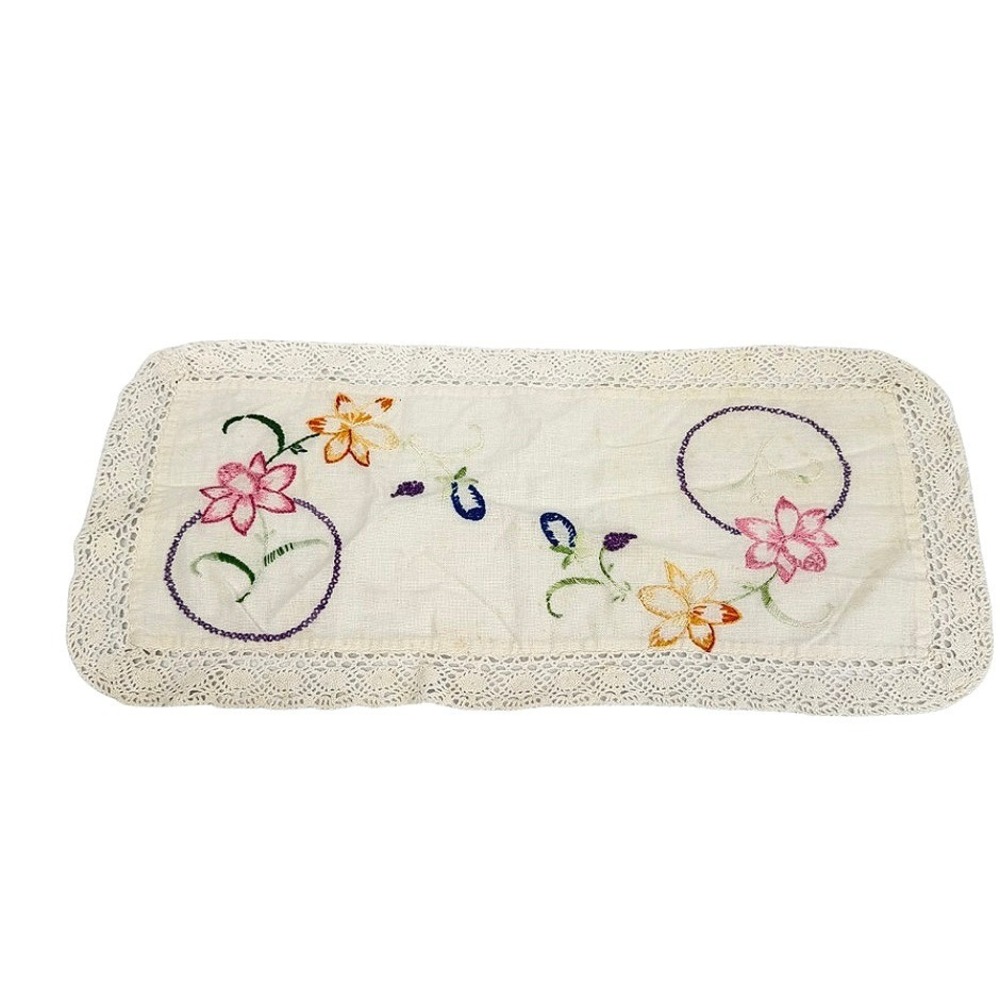Vintage Hand Embroidered Small Table Runner Dresser Scarf Floral Lace **READ